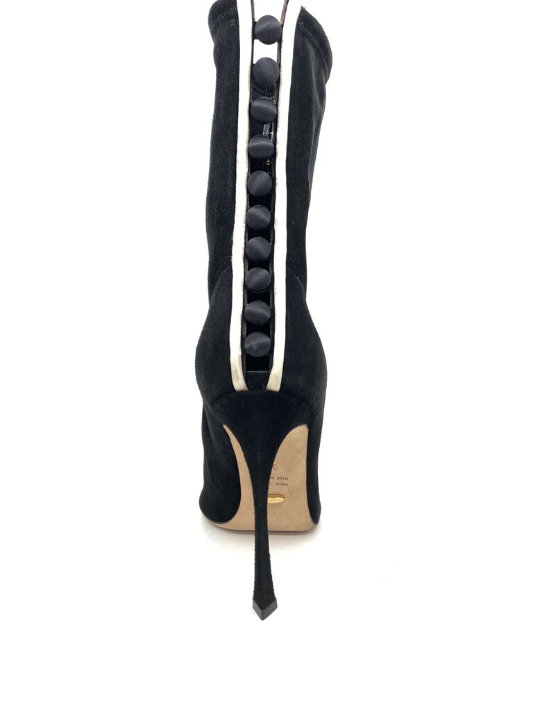 Black Suede High Stiletto Boot with Button Detail