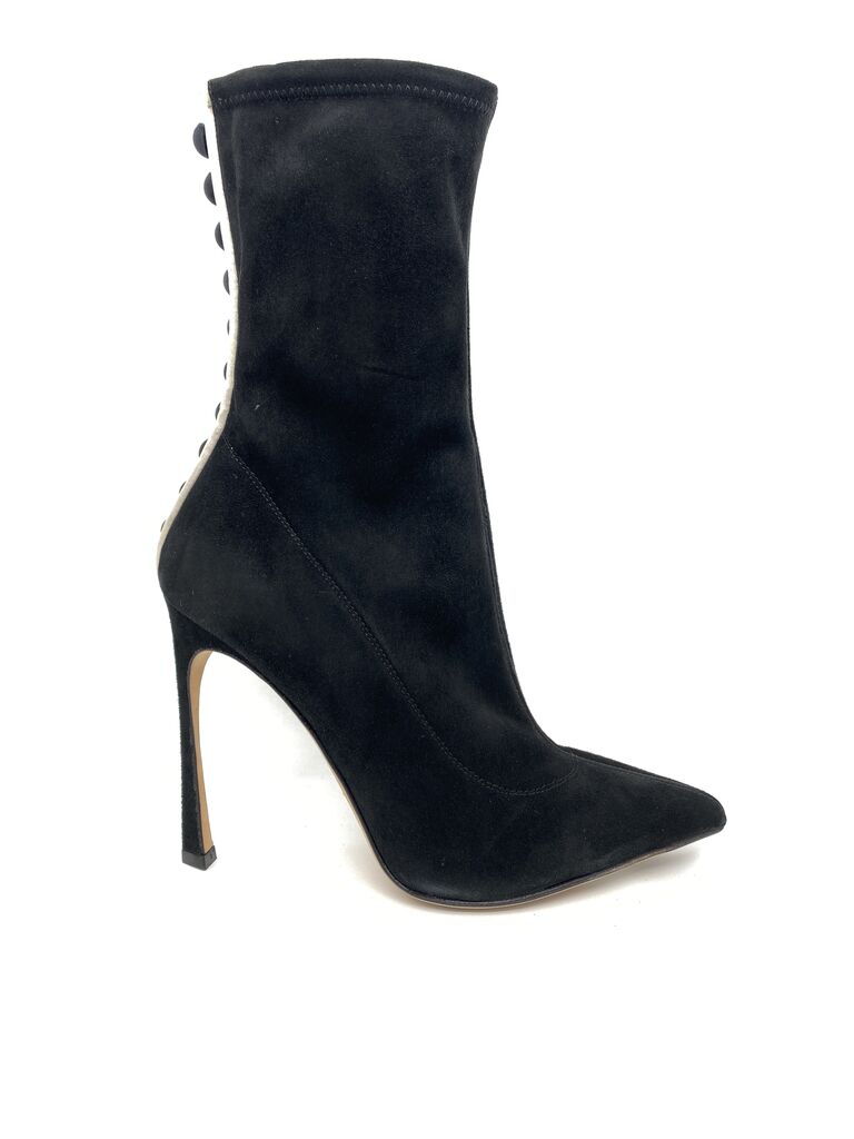 Black Suede High Stiletto Boot with Button Detail