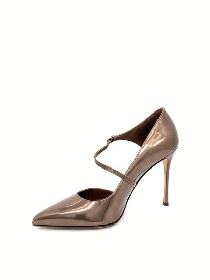 Bronze Satin Pumps with Ankle Strap