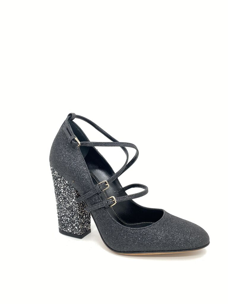 Black Glitter Block Heel Mary Jane with Straps