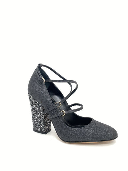 Black Glitter Block Heel Mary Jane with Straps