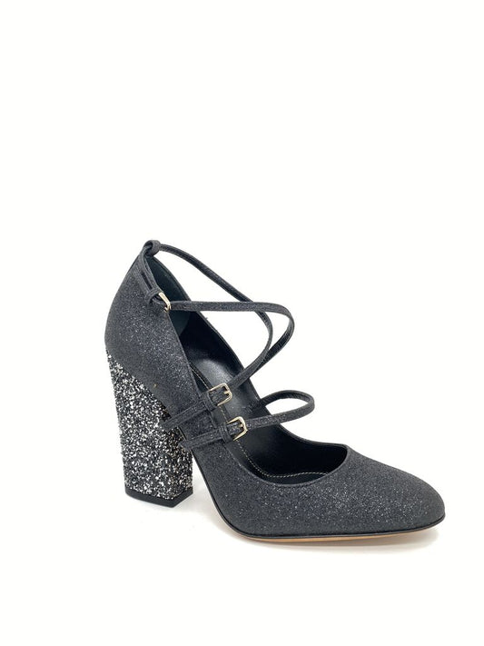 Black Glitter Block Heel Mary Jane with Straps
