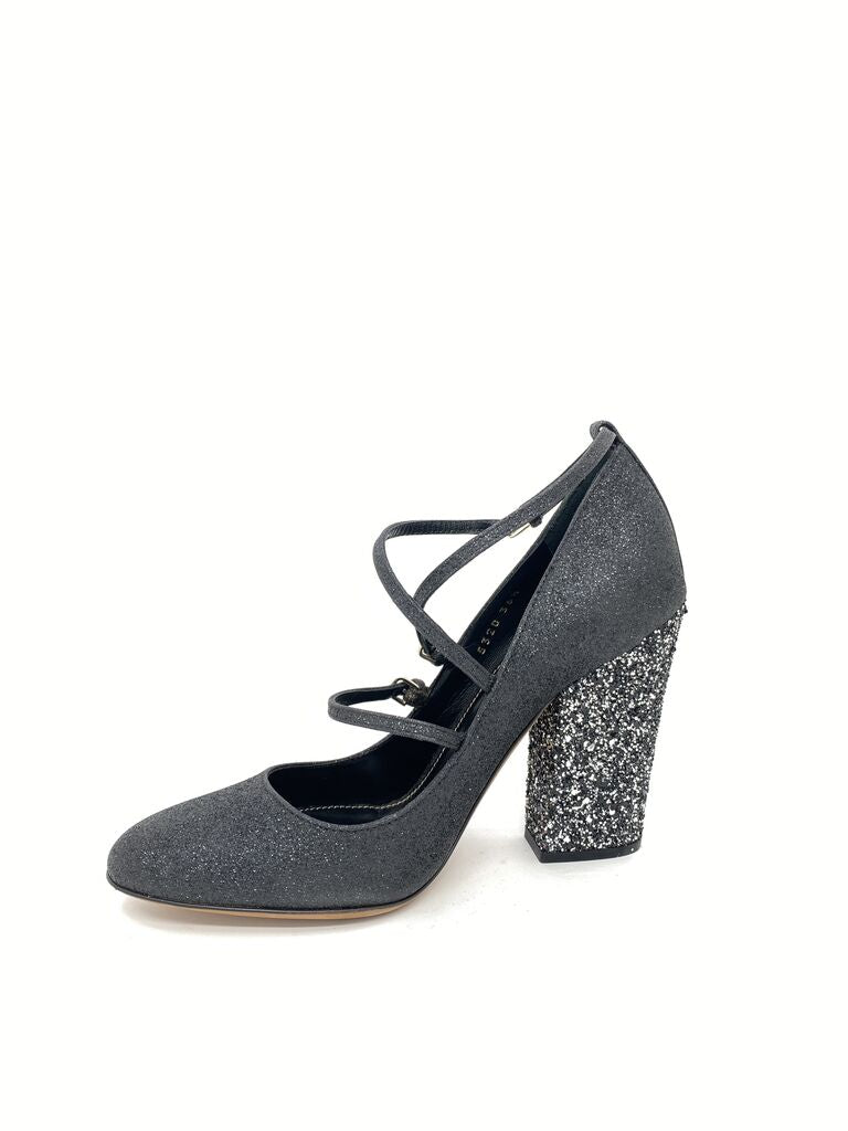 Black Glitter Block Heel Mary Jane with Straps