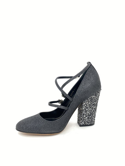 Black Glitter Block Heel Mary Jane with Straps