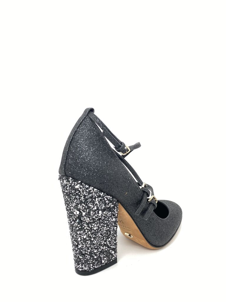 Black Glitter Block Heel Mary Jane with Straps
