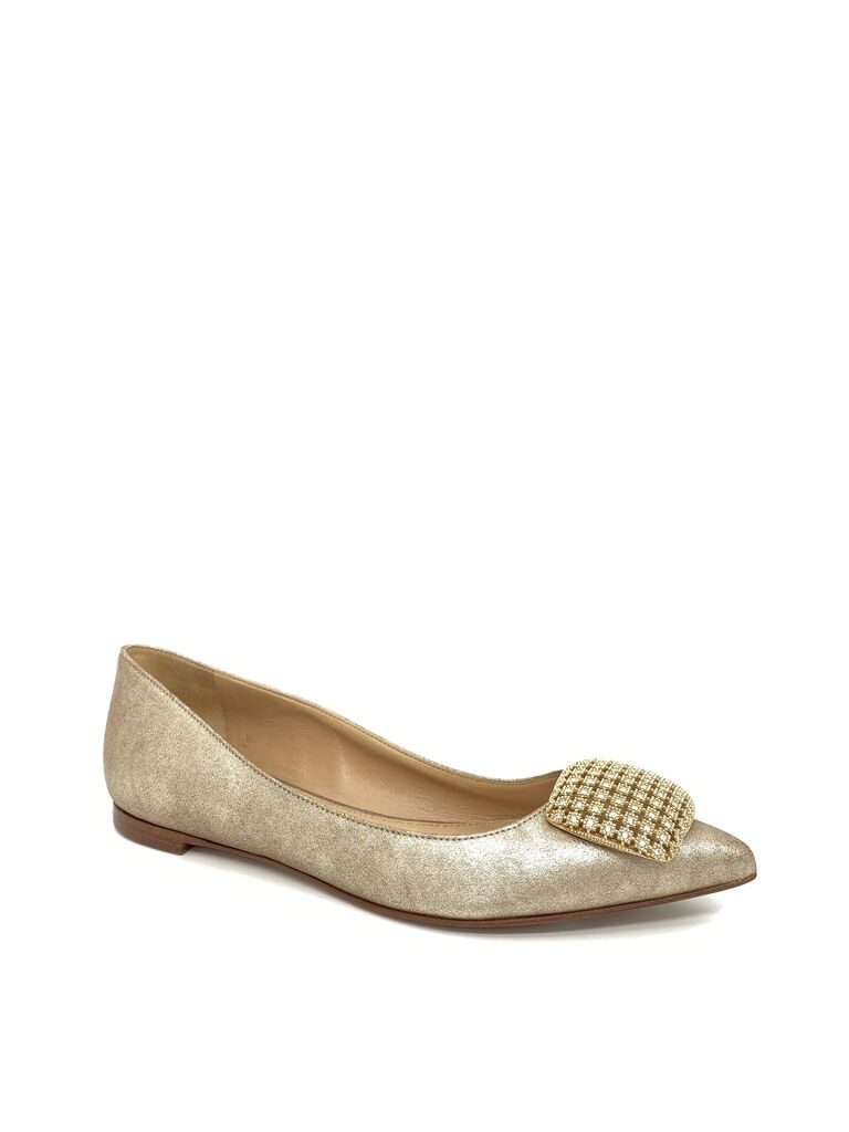 Gold Textured Flats with Rhinestone Embellishment