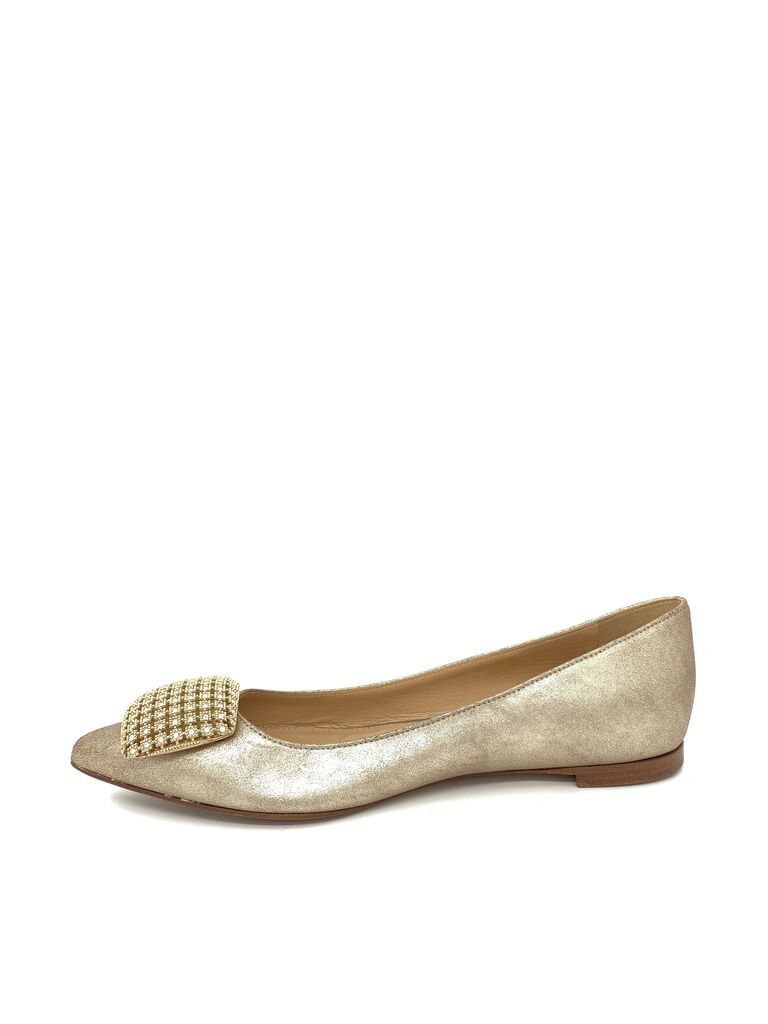 Gold Textured Flats with Rhinestone Embellishment