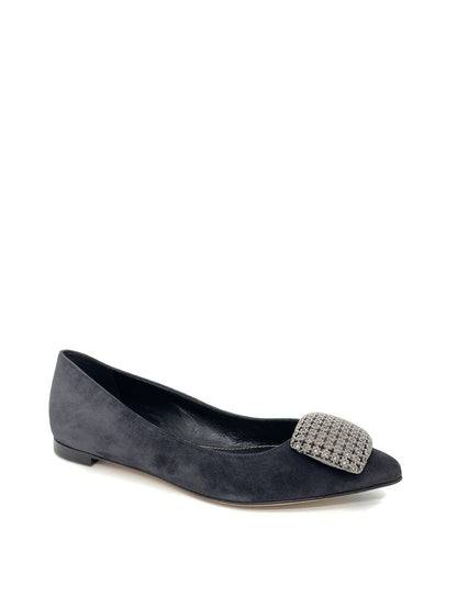 Gray Suede Flat with Embellished Buckle