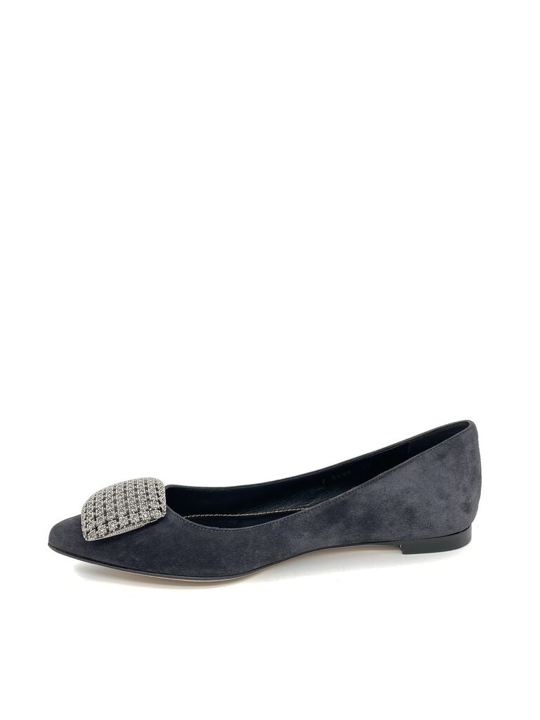 Gray Suede Flat with Embellished Buckle