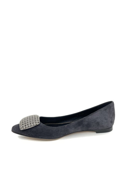 Gray Suede Flat with Embellished Buckle