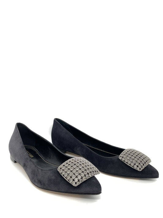 Gray Suede Flat with Embellished Buckle
