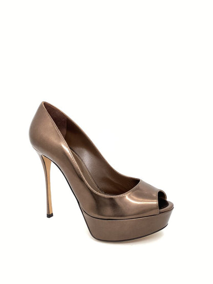 Bronze Metallic Platform Peep-Toe Heels