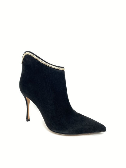 Black Suede Ankle Boots with Gold Chain Detail
