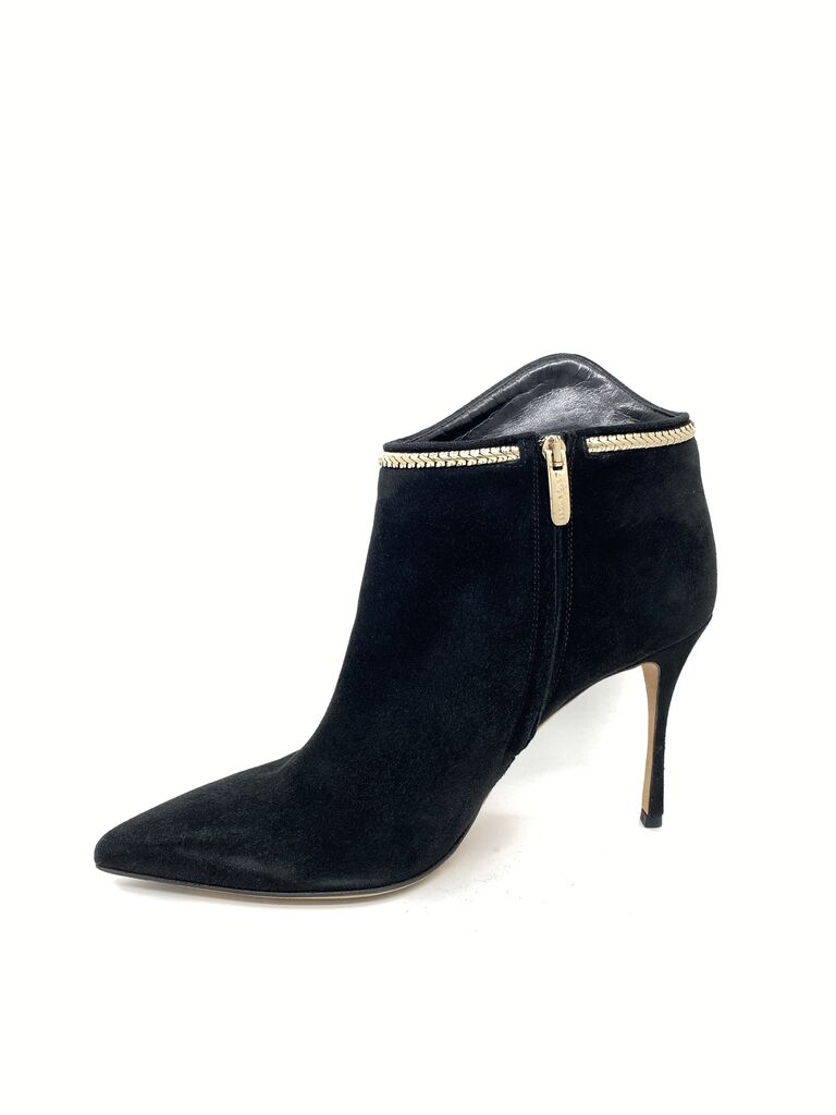 Black Suede Ankle Boots with Gold Chain Detail