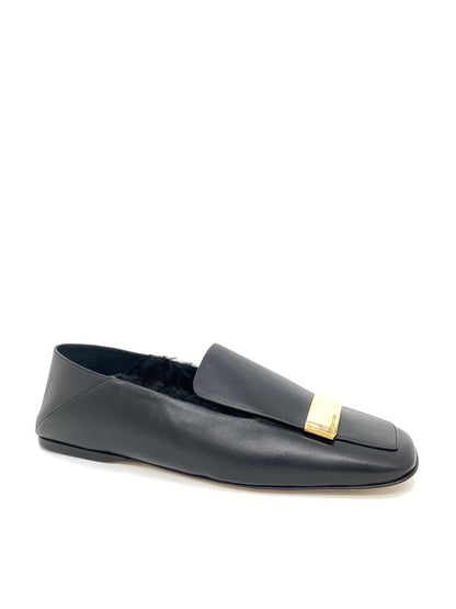 Black Leather Loafers with Gold Accent