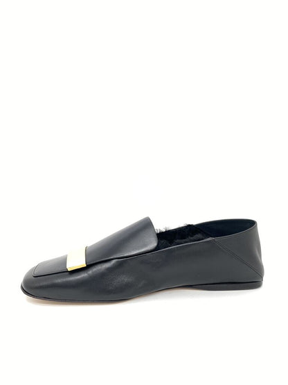 Black Leather Loafers with Gold Accent