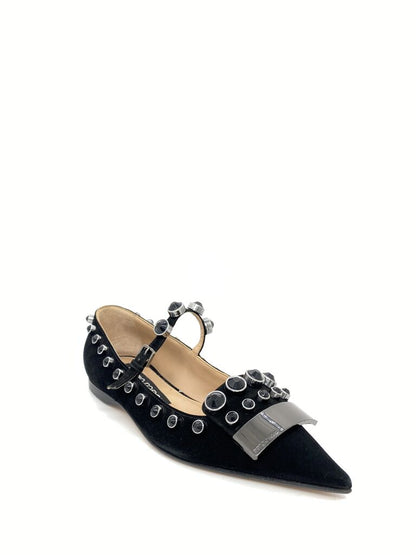 Black Velvet Studded Mary Jane Flats