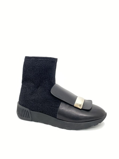 Black Knit Ankle Boot with Strap Accent