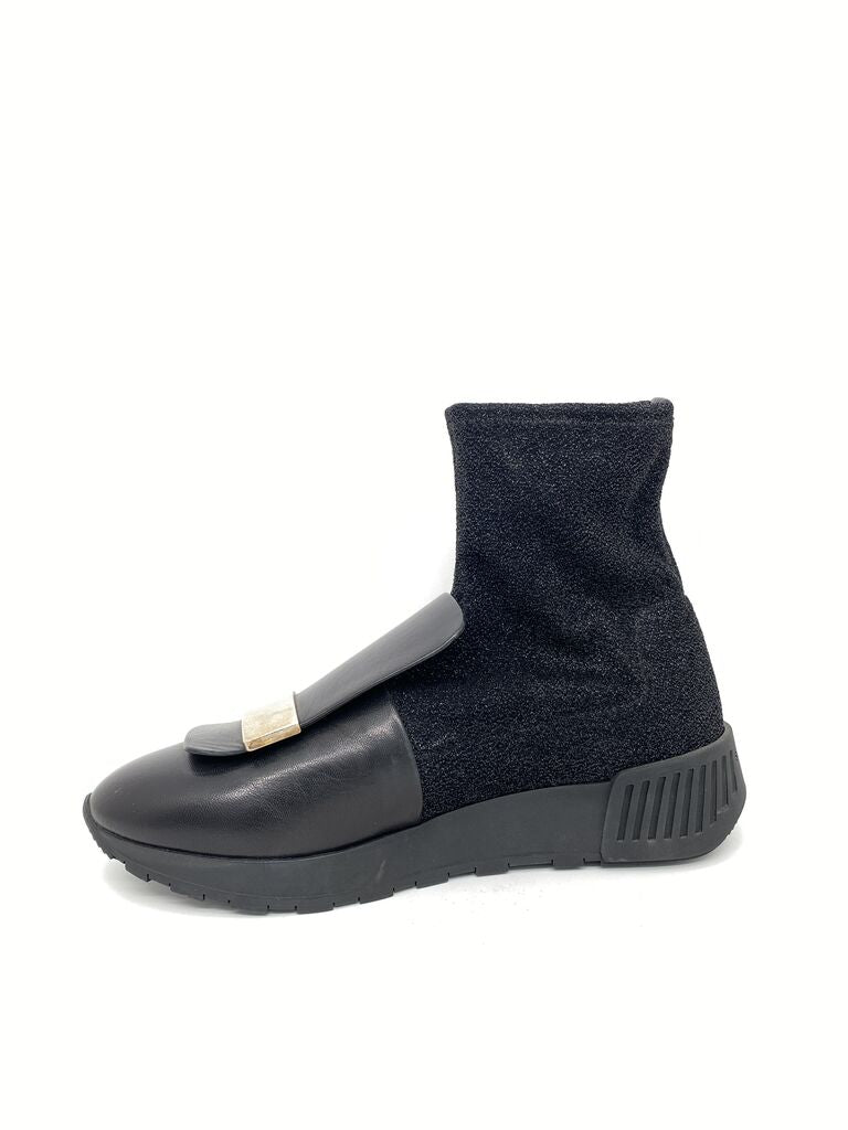 Black Knit Ankle Boot with Strap Accent