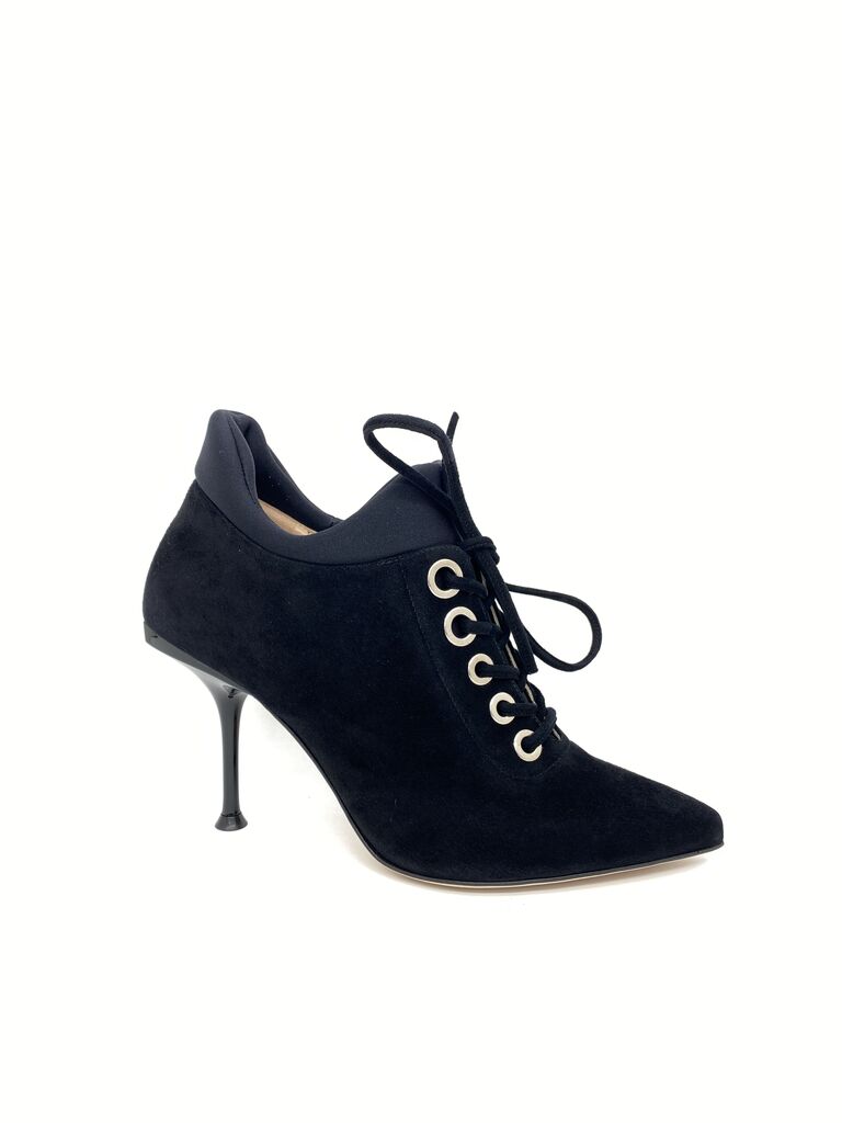 Black Suede Lace-Up Ankle Boots with Kitten Heel