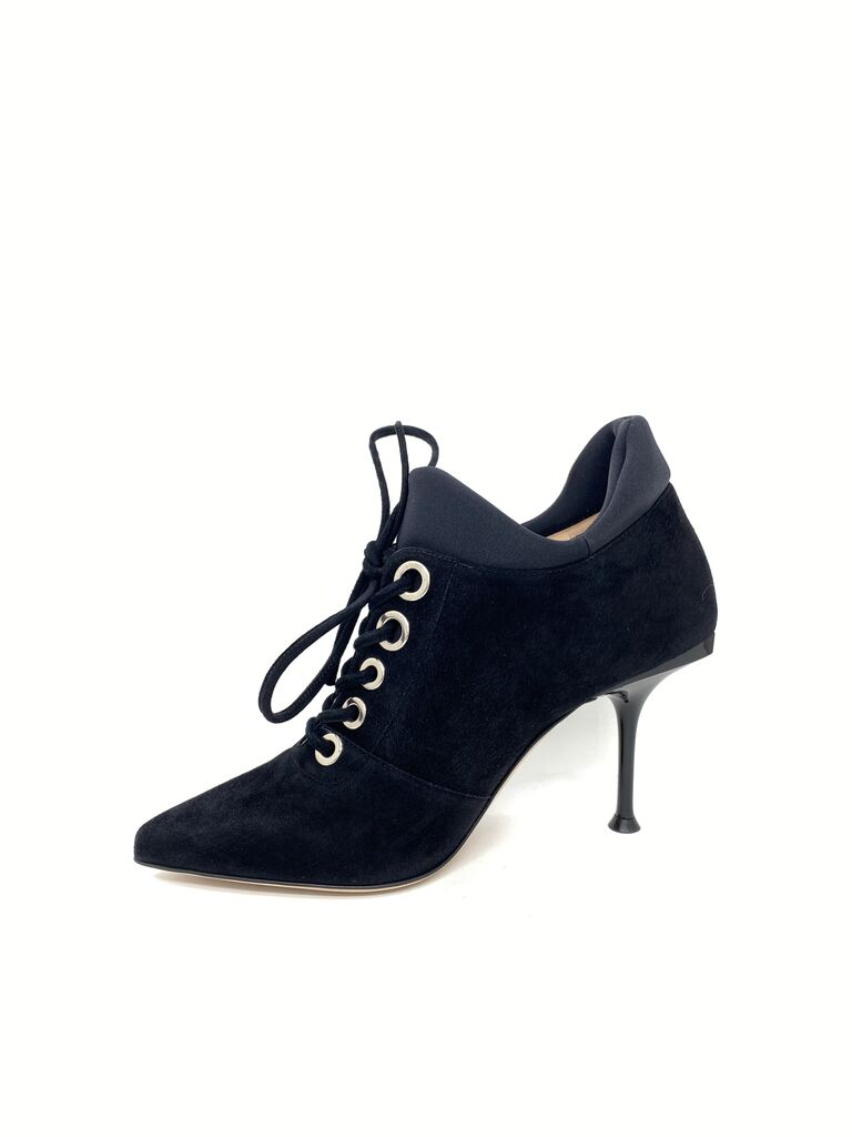 Black Suede Lace-Up Ankle Boots with Kitten Heel