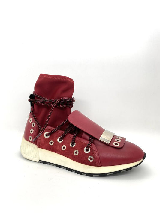 Red High-Top Sneaker with Unique Lace Detail