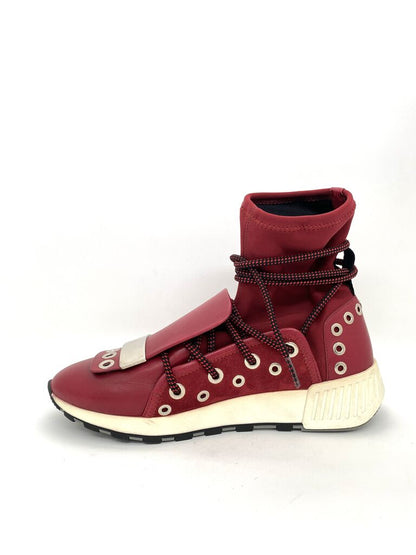 Red High-Top Sneaker with Unique Lace Detail