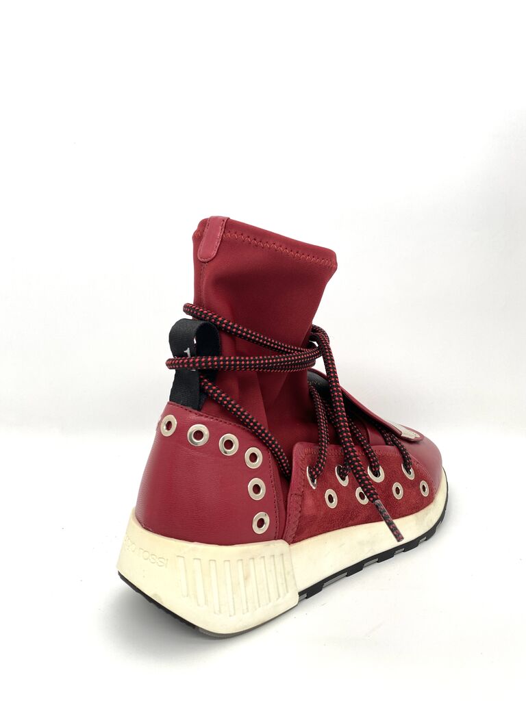 Red High-Top Sneaker with Unique Lace Detail
