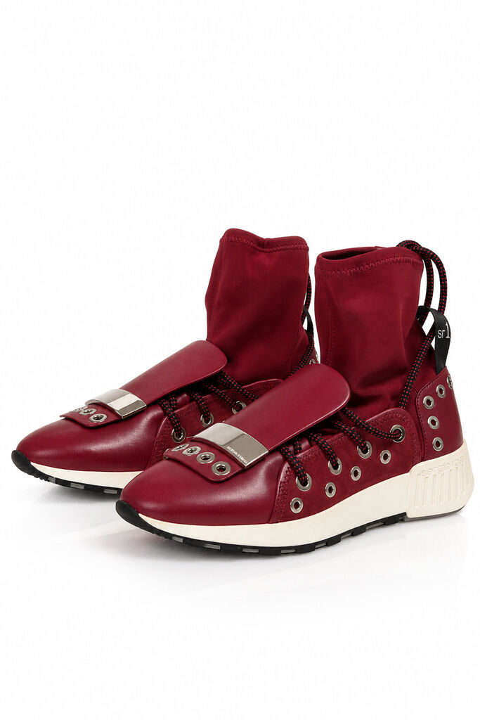 Red High-Top Sneaker with Unique Lace Detail