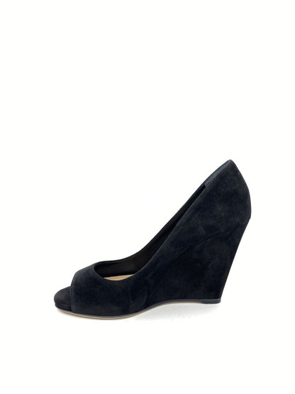 Black Suede Wedge Peep Toe Shoe