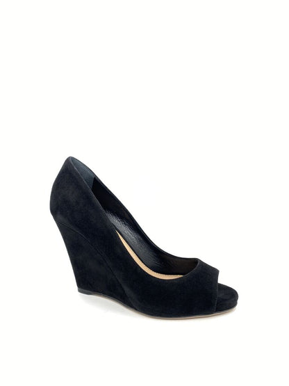 Black Suede Wedge Peep Toe Shoe