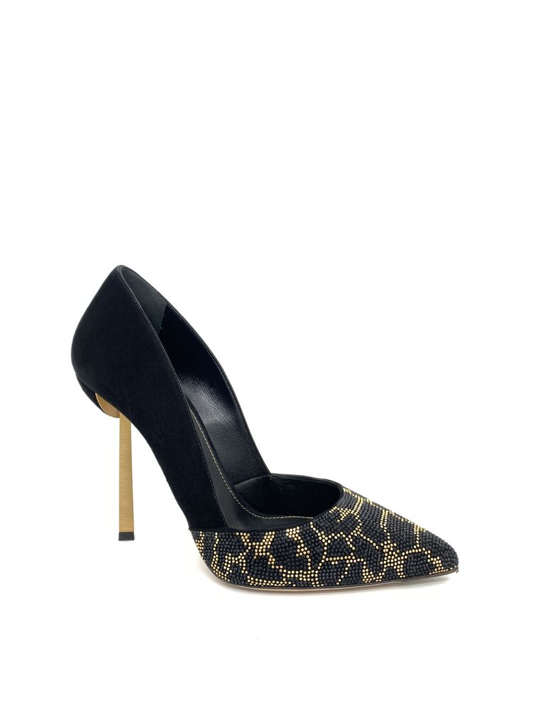 Black Textured Pump with Gold Accents