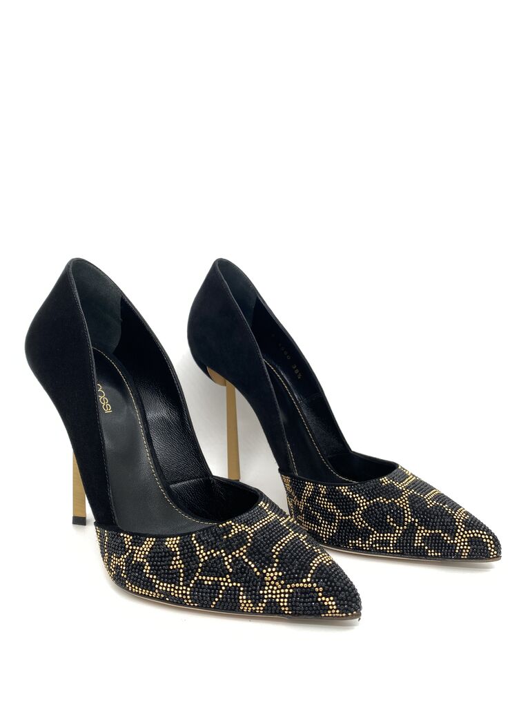 Black Textured Pump with Gold Accents