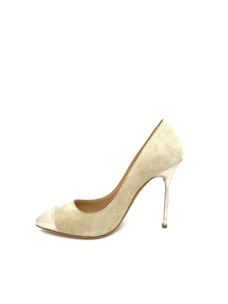 Beige Suede Stiletto with Metallic Toe Cap