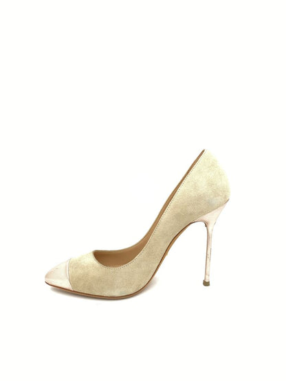 Beige Suede Stiletto with Metallic Toe Cap