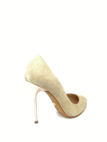Beige Suede Stiletto with Metallic Toe Cap