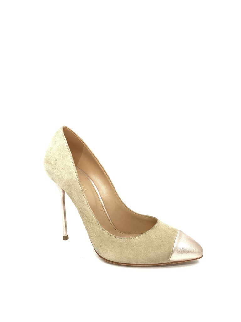 Beige Suede Stiletto with Metallic Toe Cap