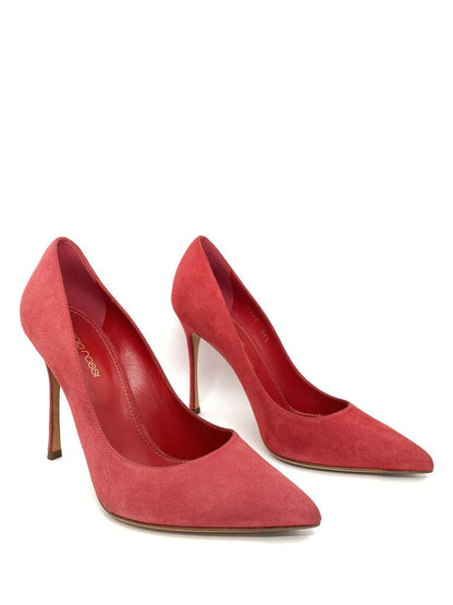 Red Suede Stiletto Heels with Pointed Toe