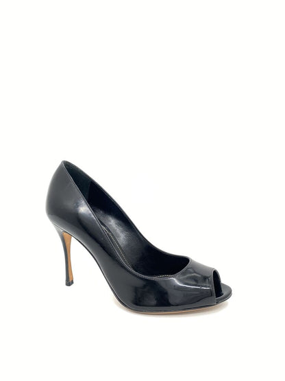 Black Patent Leather Peep Toe Stiletto Heels