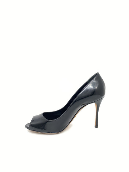 Black Patent Leather Peep Toe Stiletto Heels