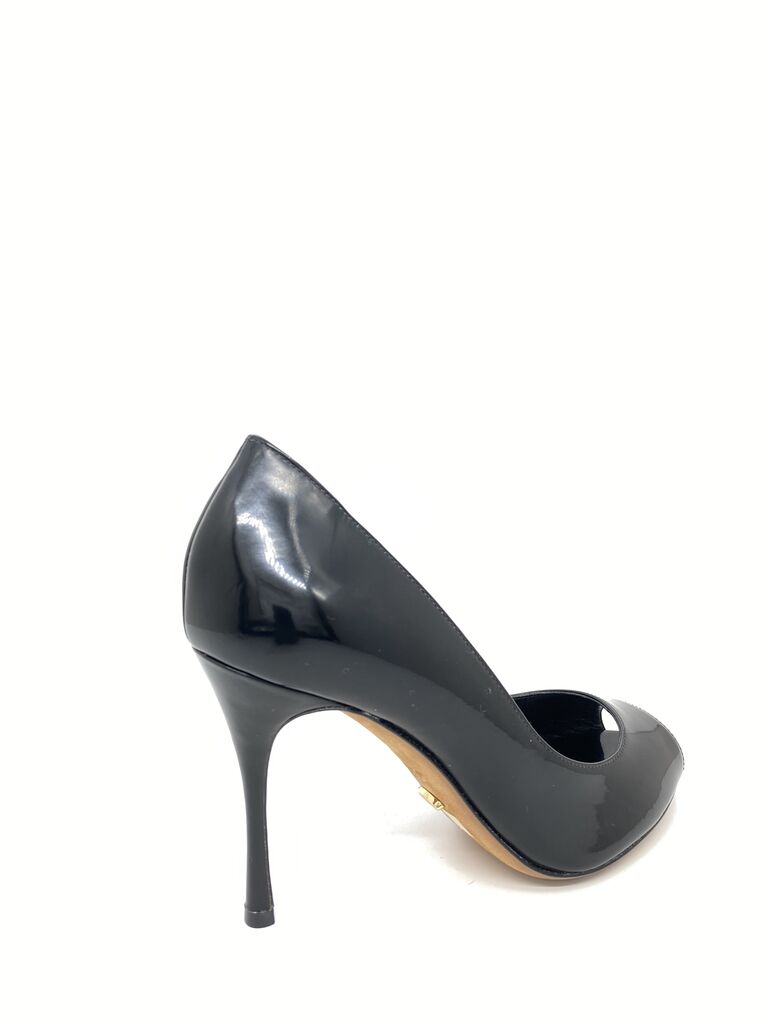 Black Patent Leather Peep Toe Stiletto Heels