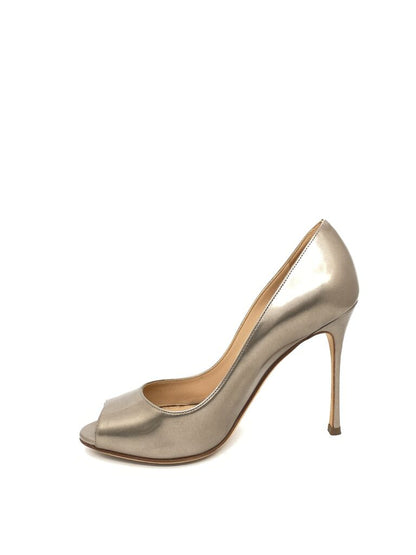 Silver Metallic Leather Peep-Toe Stiletto Heel