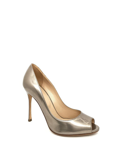 Silver Metallic Leather Peep-Toe Stiletto Heel