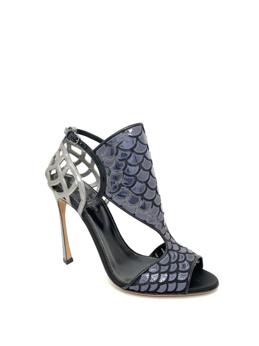 Grey Textured Stiletto Heels with Cutout Design