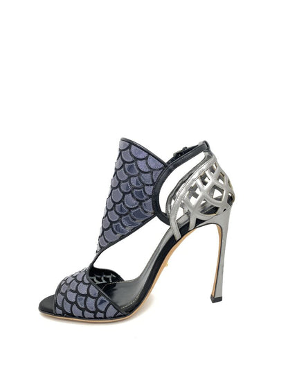 Grey Textured Stiletto Heels with Cutout Design