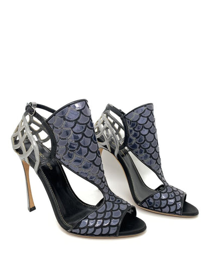 Grey Textured Stiletto Heels with Cutout Design
