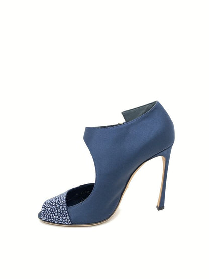 Navy Textured Peep-Toe Heels with Ankle Strap