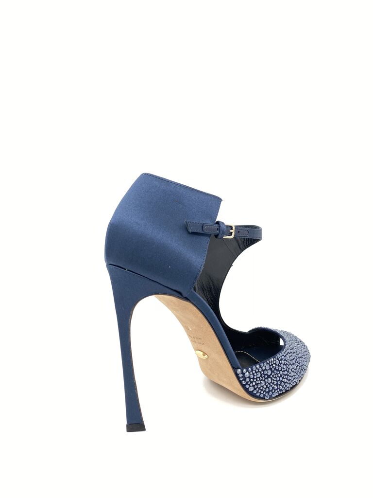 Navy Textured Peep-Toe Heels with Ankle Strap
