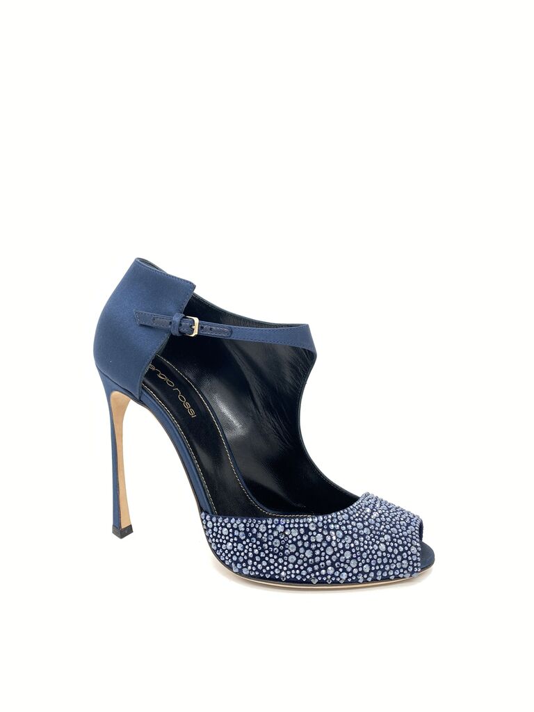 Navy Textured Peep-Toe Heels with Ankle Strap