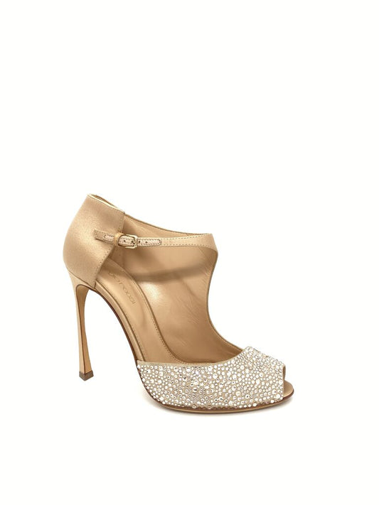 Gold Satin Peep-Toe Heels with Crystal Embellishment